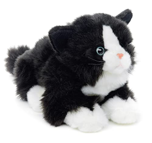 Uni-Toys - Katze mit Stimme (schwarz-weiß), liegend - 20 cm (Länge) - Plüsch-Kätzchen - Plüschtier, Kuscheltier