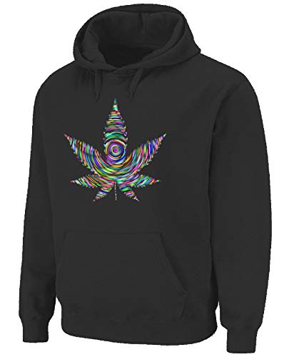 Marihuana Cannabis Leaf Trippy Psychedelic Pouch Pocket Pull Over Hoodie, Schwarz , XXL