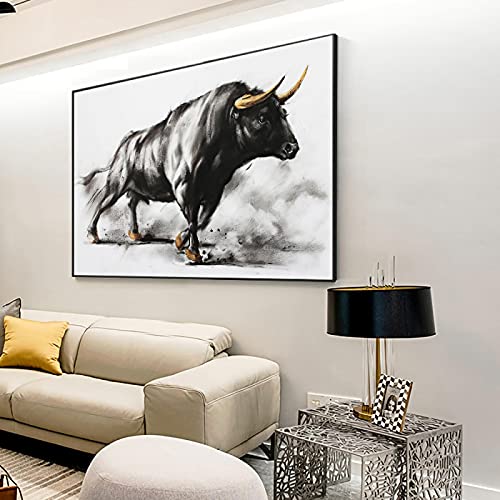 Bild Schwarzer Stier Gemälde Stierkampf Leinwand Kunst Gemälde Tiere Poster und Drucke Skandinavische Wandkunst für Wohnzimmer 90x135cm(35x53in) mit Rahmen