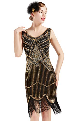 ArtiDeco Damen Pailletten 1920s Kleid Flapper Charleston Kleid V Ausschnitt Great Gatsby Motto Party Damen Fasching Kostüm Kleid (Gold Schwarz, XL)