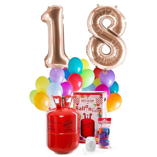 PARTY FACTORY Helium Geburtstags-Komplettset "18" - mit XXL Zahlenballons, 0,4m³ Ballongas, Ballonschnur & 30 bunten Latexballons - für Geburtstag, Jubiläum, Jahrestag in versch. Farben (Roségold)