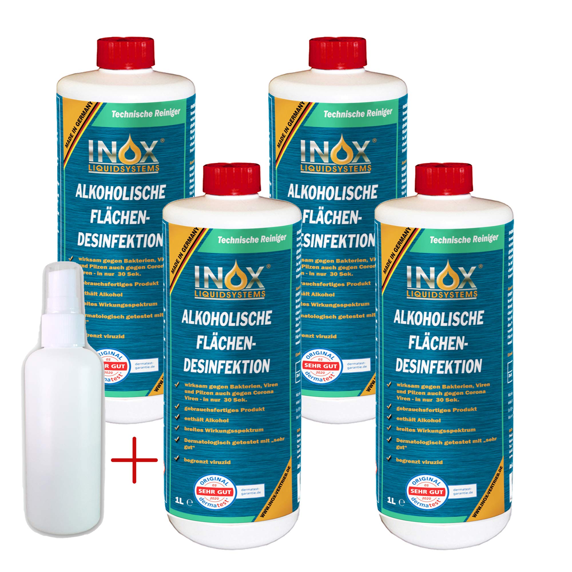 INOX® alkoholisches Flächendesinfektionsmittel 4 x 1L - Hochwirksame Flächendesinfektion mit Alkohol - Ideales Desinfektionsmittel für alle glatten Oberflächen