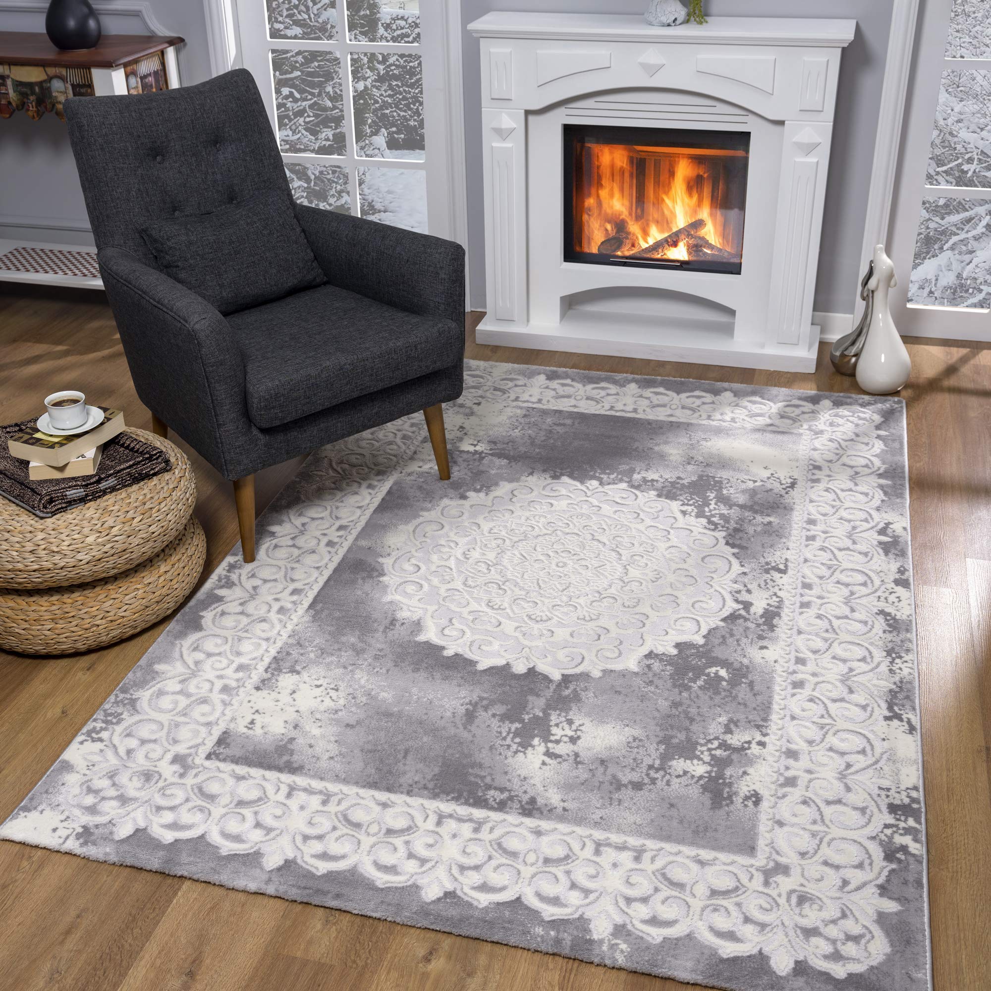SANAT Teppiche für Wohnzimmer - Teppich Grau, Kurzflor Orientteppich, Öko-Tex 100 Zertifiziert, Größe: 80x300 cm