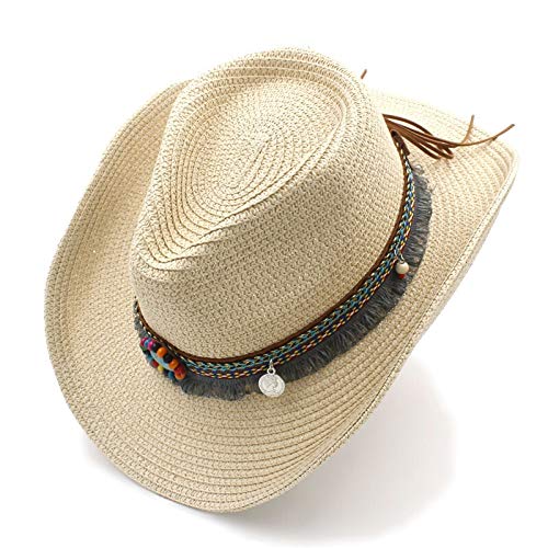 HHF Mützen & Hüte, Frauen Männer Sommer Strohhut, Western-Cowboy-Hut mit Roll Up Wide Brim Jazz Hat Dad Quaste Strand Sonnenhut (Farbe : Straw)