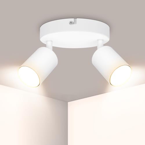 Ketom Deckenstrahler LED Weiß, Deckenstrahler 2 Flammig Rund, LED Deckenleuchte Schwenkbar, GU10 Deckenlampe Spot Modern, Drehbar Deckenlampe 2 Flammig für Küche, Wohnzimmer, Ohne Leuchtmittel