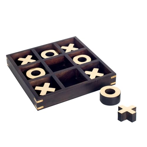 ROCKING GIFTS Tic-Tac-Toe Set mit Holzkiste, Original Wohndekoration für das Wohnzimmer, Puzzle Design Klassisches Kreuz und Kreis, 25 cm