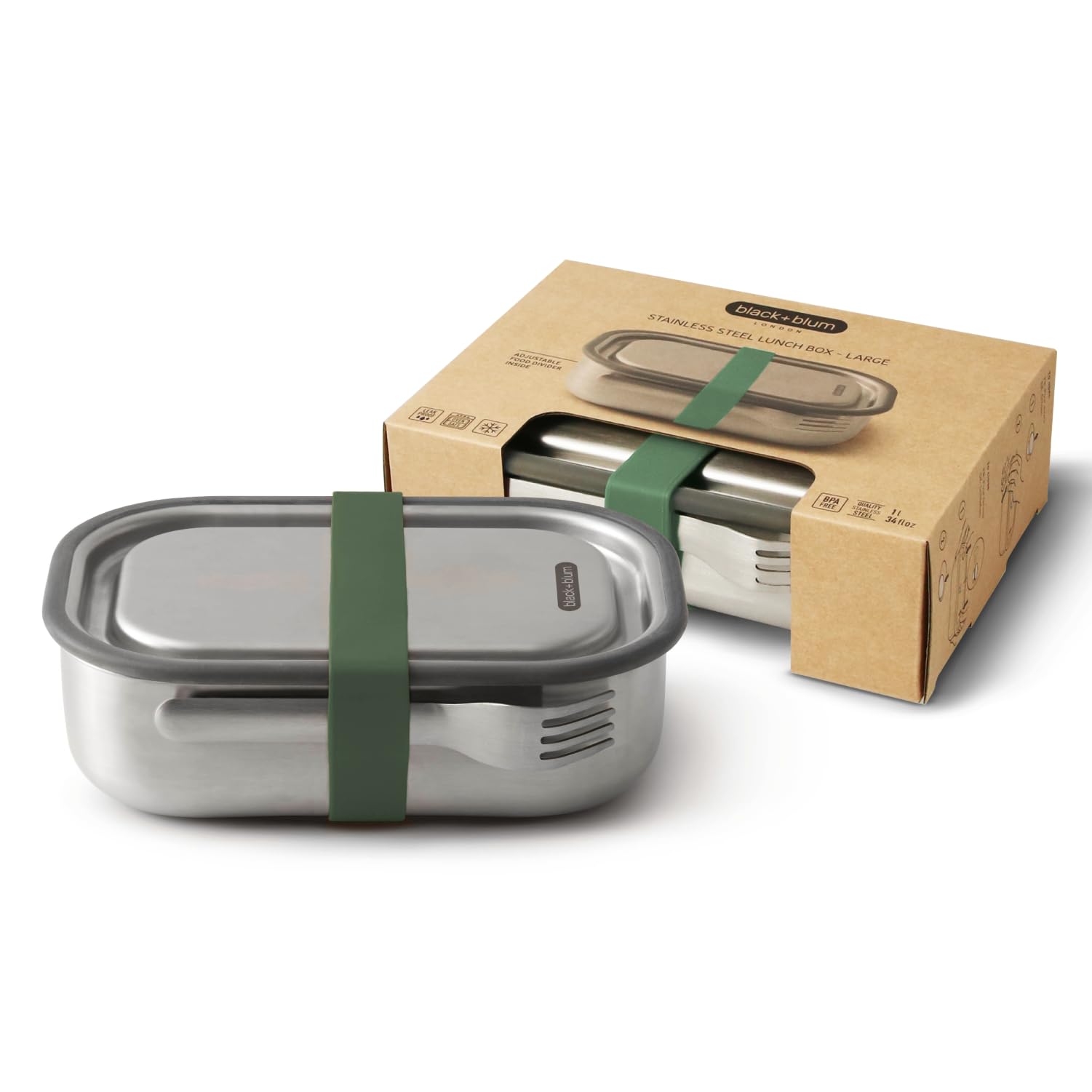 BLACK + BLUM Lunchbox Edelstahl 1L | Olive | 3-in-1 | Vakuumverschluss- 100% auslaufsicher | inkl. Göffel, Silikonband & Innenteiler | Ofen-& Gefriergeeignet | 20x14x6 cm | Brotdose mit Fächern