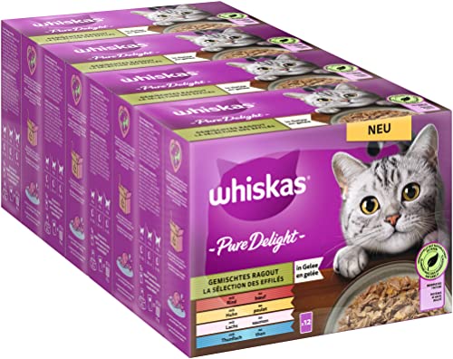 Whiskas 1+ Katzenfutter Pure Delight Gemischte Auswahl in Gelee, 12x85g (4 Packungen) – Hochwertiges Nassfutter für ausgewachsene Katzen in 48 Portionsbeuteln
