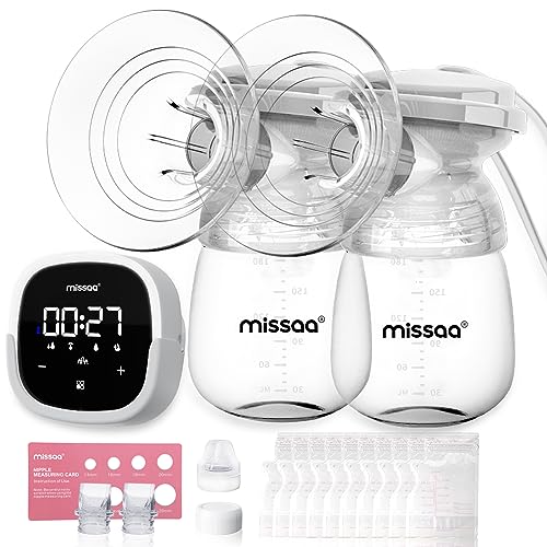 MISSAA Milchpumpe elektrisch, Ultra-leise elektrische Milchpumpe doppel mit beleuchtetes LCD-Touchscreen, 5 Modi & 7 Saugstufen, mit tragendes Zubehör, 10 Muttermilchbeutel, 2 Babyflaschen