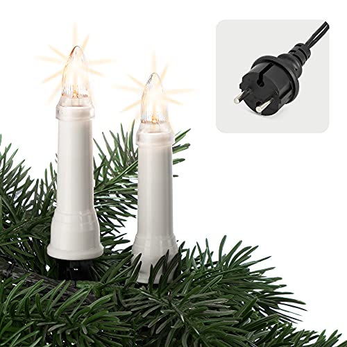 Hellum Christbaumbeleuchtung für innen & außen, 20x Riffel-Kerzen, Schaft weiß, Weihnachtsbaum Lichterkette mit grünem Kabel, Fassungsabstand 45 cm, inkl. Ersatzlämpchen 640205
