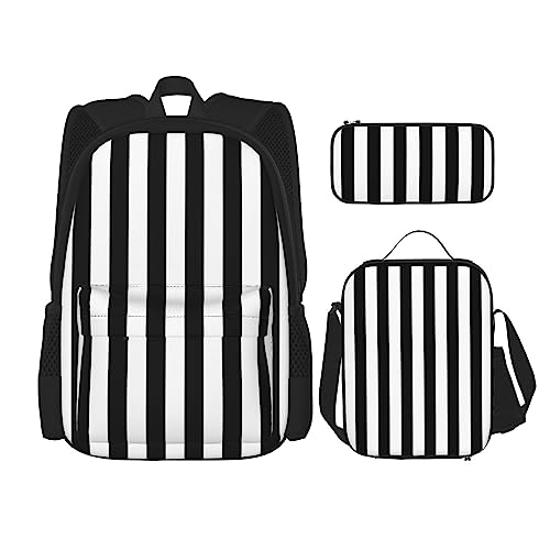 PartyUnix Schulranzen mit schwarz-weißen Streifen-Aufdrucken, 3-teiliges Schulranzen-Set mit Brotdose und Federmäppchen, geeignet für Jungen und Mädchen, Schwarz , Einheitsgröße, Kinderrucksack