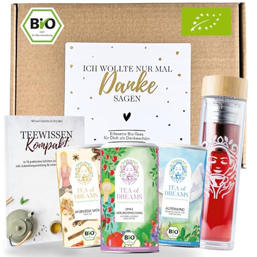Tee Geschenkset 'Danke' – 3 Bio-Tees, Teeflasche To-Go & 48-seitiges Magazin 'Teewissen Kompakt' – Einzigartiges Dankeschön Geschenk für Tee-Liebhaber