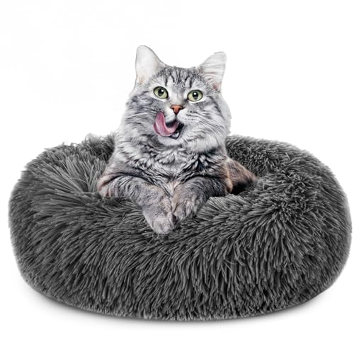 Katzenbett flauschig ∅ 60 cm - Katzenkorb Katzenkissen Katzen Bett Katzenkörbchen Rund cat Bed Dunkelgrau