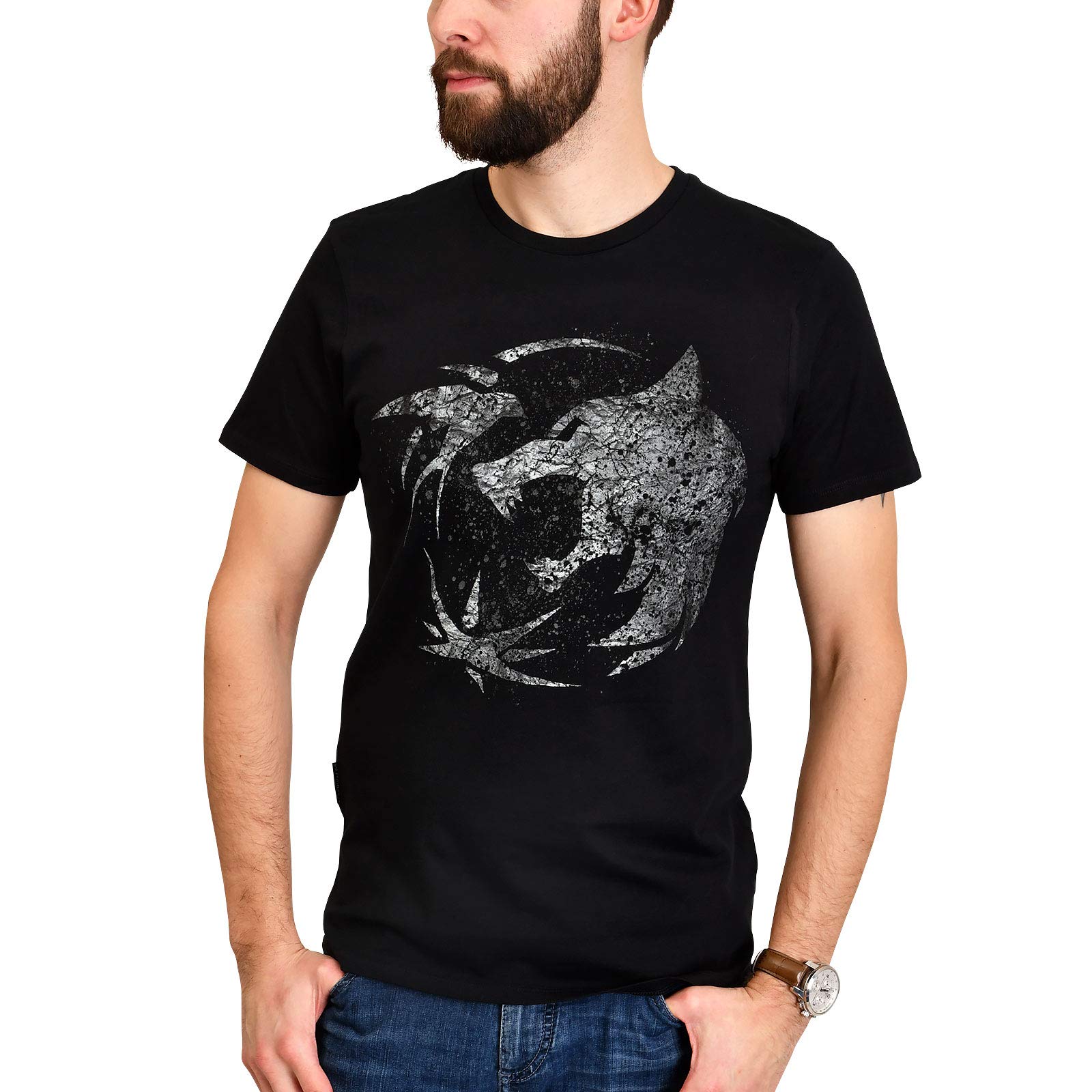 Elbenwald T-Shirt mit Wolf Emplem Frontprint für Witcher Fans schwarz - L