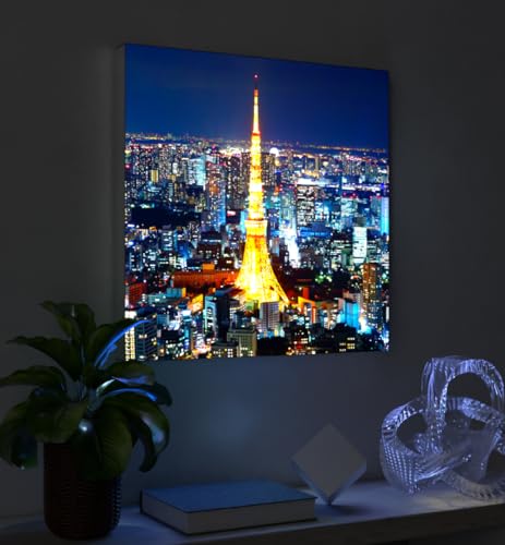 MyMaxxi - Pixlip Poster Tokyo Tower Wandbild Design Wand Dekoration, Foto Mehrfarbig Leuchtrahmen - Stadtansicht, 60x60 cm, Rahmen: Leuchtrahmen inkl. Druck