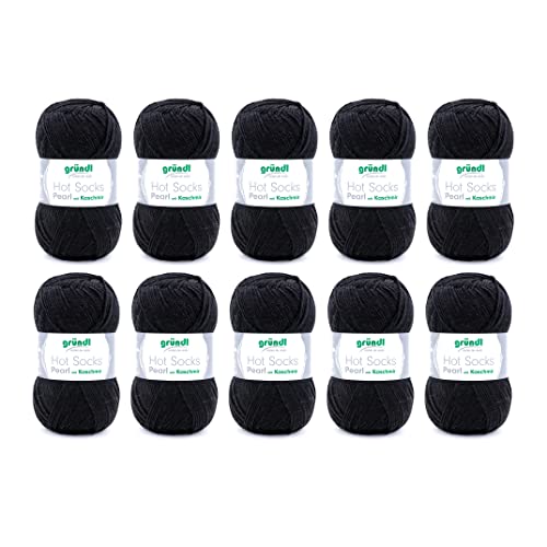 Gründl Hot Socks Pearl Uni, Vorteilspack 10 Knäuel à 50 g Sockenwolle, 75% Wolle (Merino Superwash), 20% Polyamid, 5% Kaschmir, schwarz, 40 x 37 x 11 cm