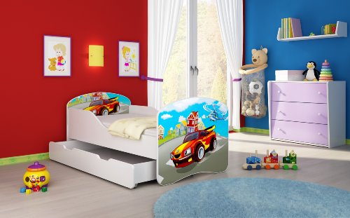 Kinderbett Jugendbett Komplett mit einer Schublade und Matratze Lattenrost Weiß ACMA I (180x80 cm + Bettkasten, 03 Racing Car)