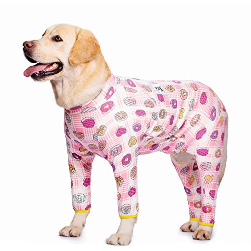 Miaododo Großer Hunde-Schlafanzug aus Baumwolle, Erdbeer-Druck, volle Bauchabdeckung, PJS für mittelgroße und große Hunde nach Operationen, Rückenlänge 65 cm), rosa Herz)