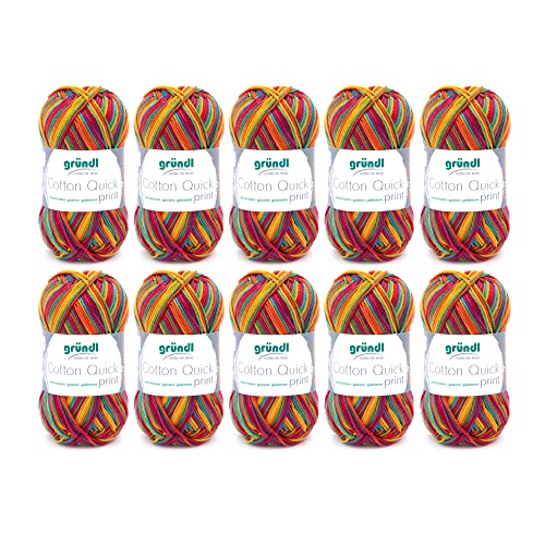 Gründl Cotton Quick Print Strickgarn/Häkelgarn (farbenfrohes Garn aus 100% Baumwolle, OEKO-TEX zertifiziert, 50 g / 125 m, Nadelstärke: 3 - 4, 10 x 50 g), Carneval Multicolor