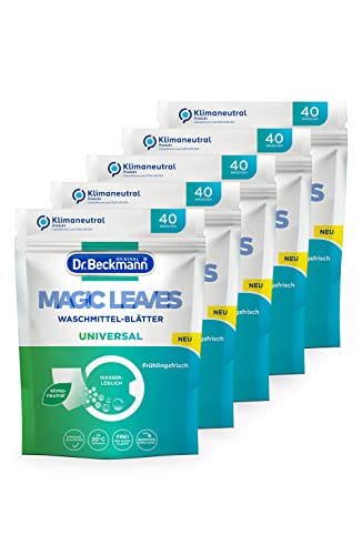 Dr. Beckmann MAGIC LEAVES Waschmittel-Blätter UNIVERSAL | vordosierte & wasserlösliche Waschblätter | platzsparend und leicht anzuwenden | 5x 40 Blätter