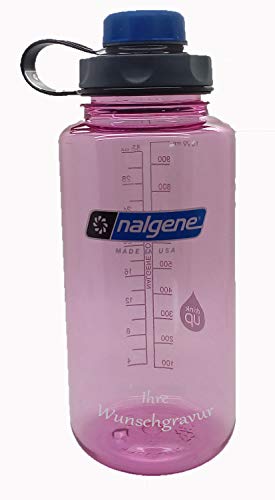 Nalgene Flasche 'Everyday Weithals' - 1 L mit 'capCAP'-Deckel (Light pink, mit Namensgravur, Deckel blau)