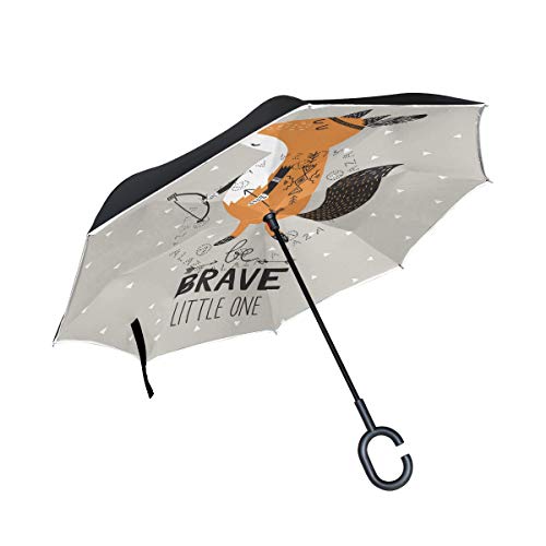 ISAOA Doppelschichtiger umgekehrter Regenschirm,Auto-Regenschirm,Be Brave Little One Poster f¨¹r Kinder mit s¨¹?em indischen Fuchs Cartoon Stil und handgezeichnetem Letteri winddichter Regen I