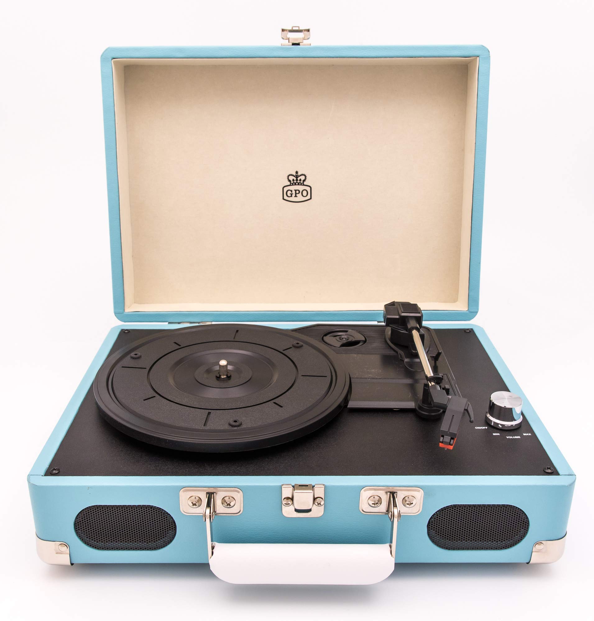 GPO SOHO Retro Kofferplattenspieler mit eingebautem Stereolautsprecher, Türkisblau