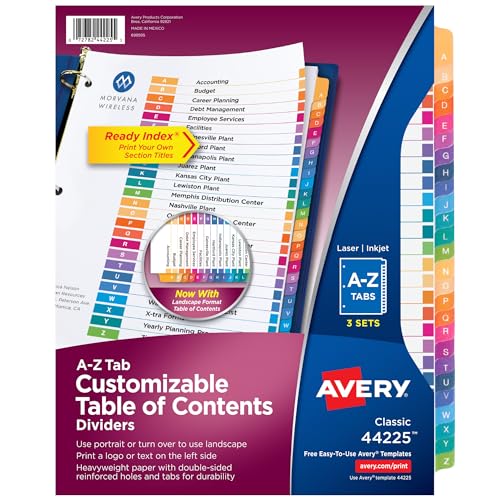 Avery A-Z Tab-Trennblätter für 3 Ringbücher, anpassbares Inhaltsverzeichnis, mehrfarbige Tabs, 3 Sets (44225)