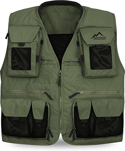 normani Ultraleichte Outdoor Weste Angelweste mit 19 praktischen Taschen und HKK-Verschlüssen in 5 Farbe Oliv/Schwarz Größe XL