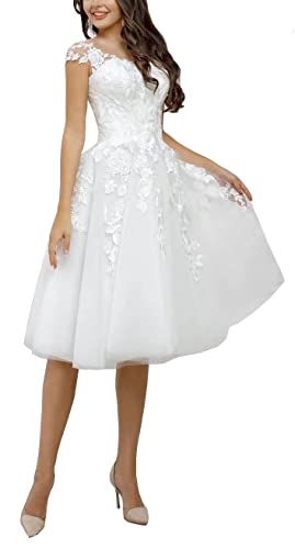CLLA dress Frauen Scoop Brautkleider ärmellose Spitze Applikationen Brautkleid für Braut Kurz Hochzeitskleider(Elfenbein,46)