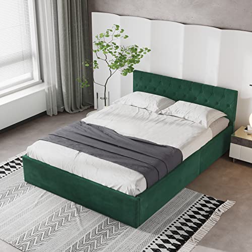 GGMWDSN Modernes Design Polsterbett, Bett mit Bettkasten Samt-Stoff Polsterbett Lattenrost Doppelbett Stauraum Holzfuß schwarz (Grün, 140 x 200 cm)