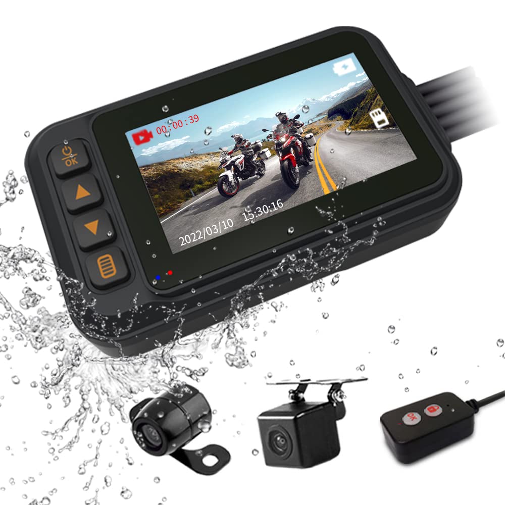 OBEST Dashcam Motorrad, 120°Weitwinkel Autokamera mit 3 Zoll Bildschirm, Vollständig wasserdichte Dashcam, Loop-Aufnahme, Automatisch Speichern, G-Sensor, Parküberwachung, Dual Kamera