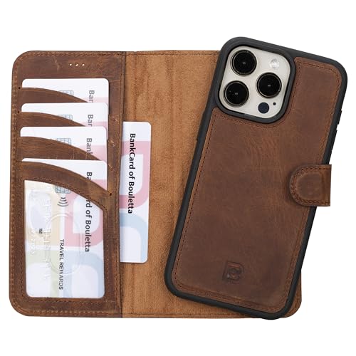 BOULETTA Kompatibel mit iPhone 15 Pro Max (6,7 Zoll) Wallet Case – Vollnarbenleder, magnetisch, abnehmbare Folio-Schutzhülle (2-in-1) – 4 Kartenfächer mit RFID-Blockierung, kompatibel mit MagSafe,