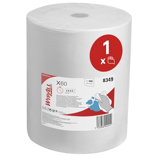 WypAll X60 Multi-Task Reinigungstücher 8349 – wiederverwendbare saugfähige Tücher – 1 Großrolle x 650 weiße industrielle Reinigungstücher
