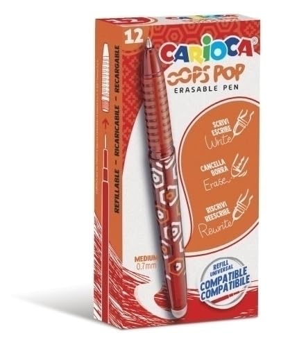 Carioca Oops Pop Radierbare Stifte Rot - 12 Stück | Set löschbare nachfüllbare Stifte für Schule und Büro mit Kapuze, doppeltem Gummi und ergonomischem Griff, rote Stifte, 12 Stück