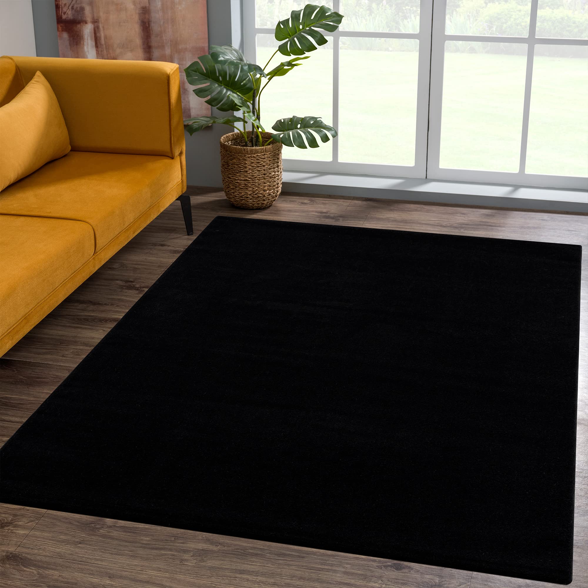 SANAT Kurzflor Teppich Wohnzimmer - Uni Modern Teppiche fürs Schlafzimmer, Arbeitszimmer, Büro, Flur, Kinderzimmer und Küche - Schwarz, 60 x 110 cm