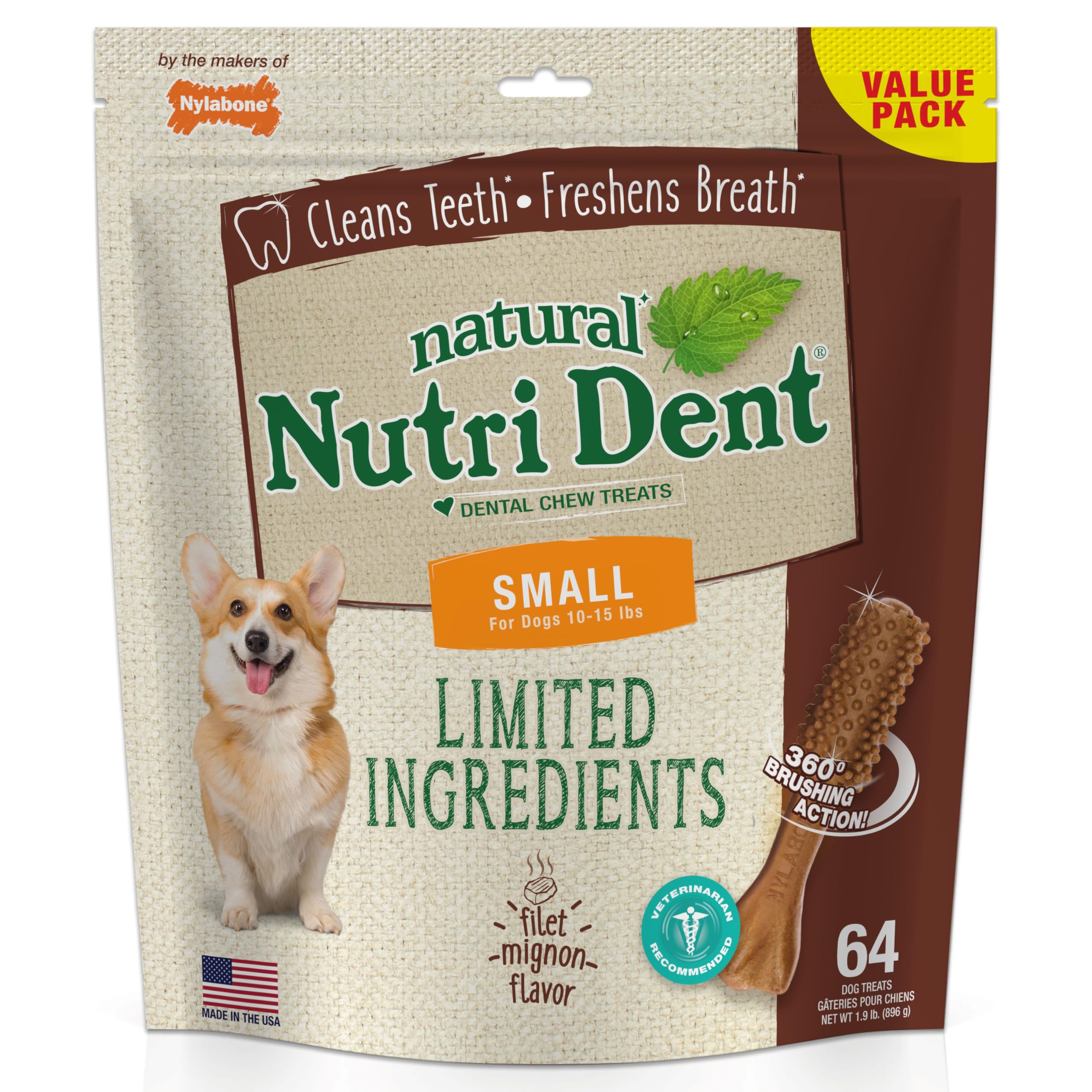 Nylabone Nutri Dent Filet Mignon Kauspielzeug für Hunde, Größe S, 4,5 kg bis 15 kg