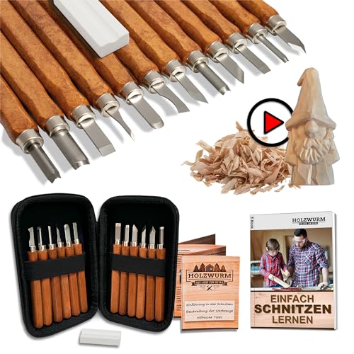 HOLZWURM Holz-Schnitzwerkzeug Set 12-tlg, inkl. Tasche, Anleitung & Abziehstein, ideales Schnitzmesser-Set für Anfänger und Profis…