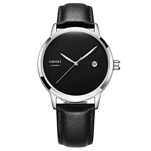 Smartwatches,Automatic Machinery Watch Simple Wind Heavy Industries True Leather Watch Belt Watch Black Leather Belt with Silver Shell and Black Face