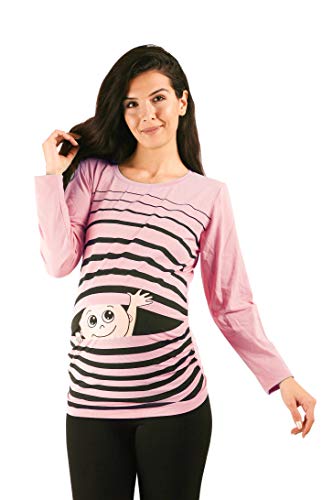 Winke Winke Baby - Lustige witzige süße Umstandsmode gestreiftes Umstandsshirt mit Motiv für die Schwangerschaft Schwangerschaftsshirt, Langarm (Rosa, Medium)