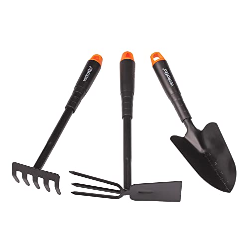 Mivos 3-TLG Gartengeräte Set für Gartenpflege aus Stahl - Gartenwerkzeug Set mit Blumenkelle Handrechen Doppelhacke - Handwerkzeuge für Pflanzen und Gartenarbeit