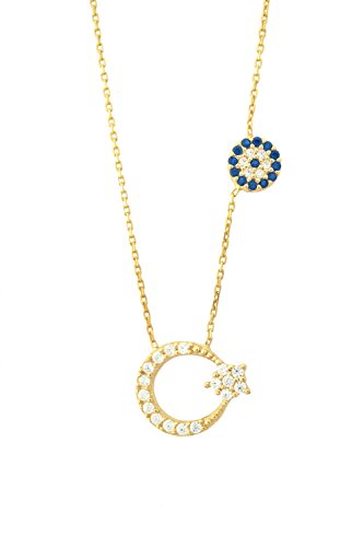 925 Sterling Silber Halskette 'Stern mit Mond' - blaues Auge Gold Farbe