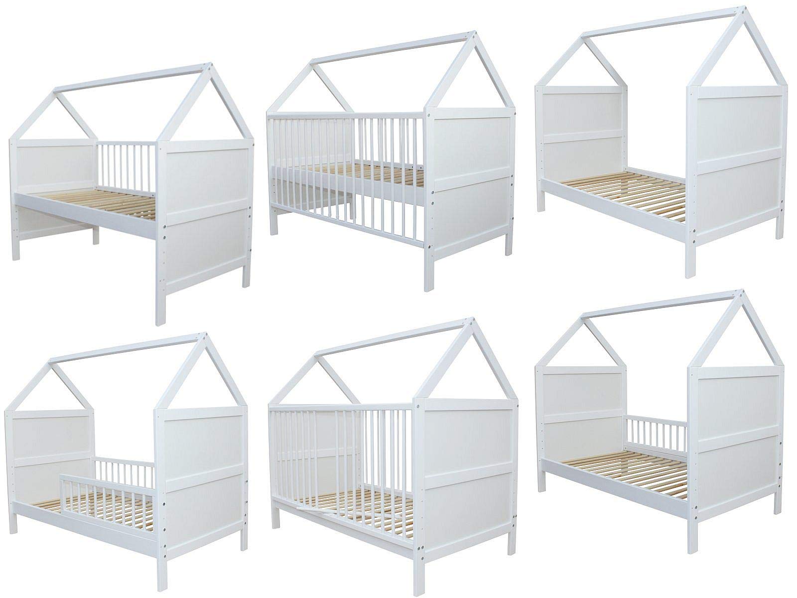 Micoland Babybett Kinderbett Juniorbett Bett Haus 140 x 70cm massiv Weiss 0 bis 6 Jahren