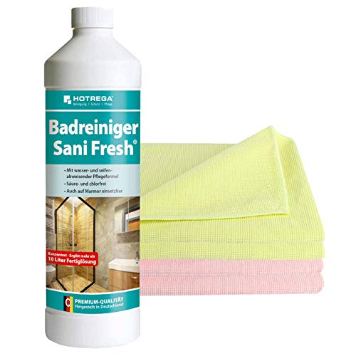 HOTREGA Badreiniger Sani Fresh 1 Liter Konzentrat inkl. 4 Microfasertücher, Sanitärreiniger, Fliesenreiniger