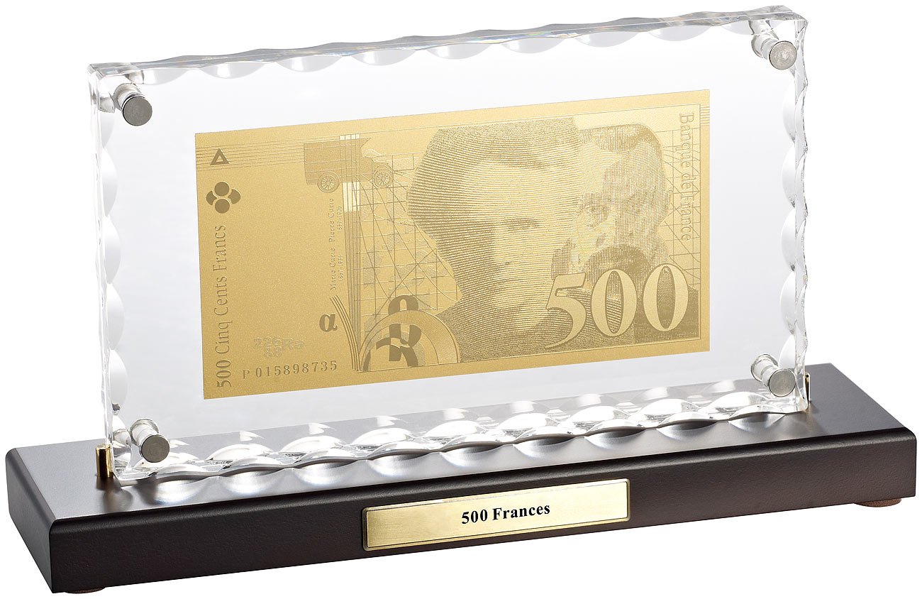 St. Leonhard Geldschein: Vergoldete Banknoten-Replik 500 Französische Francs (Goldscheine, Geld-Schein in Gold, Geburtstag)
