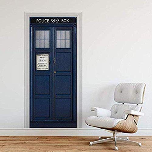 JWCN Selbstklebende 3D-Türbilder Peel and Stick Dekor Aufkleber Police Box Blau UK Tardis Giant Fantasy Art Leinwand Tapete Abnehmbares Kunstplakat 30.3X78.7 (77X200Cm) Uptodate