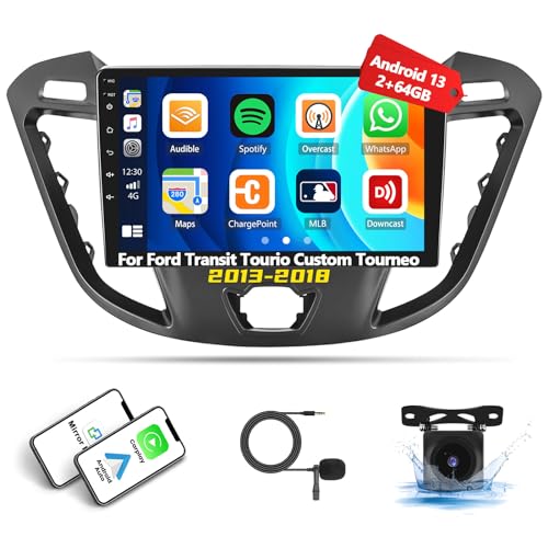 [2G+64G] Autoradio Android 13 für Ford Transit Tourio Custom Tourneo 2013-2018 mit Carplay Android Auto, 9 Zoll Touchscreen Radio mit GPS WiFi FM/RDS Bluetooth Mirror Link + Rückfahrkamera AHD & Mic