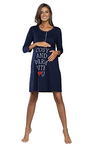 Italian Fashion IF Nachthemd Damen Geburt Stillnachthemd Mutterschaft Schwangerschaft Nachtwäsche Umstandsmode mit Durchgehender Knopfleiste Geburtshemd für Mutter