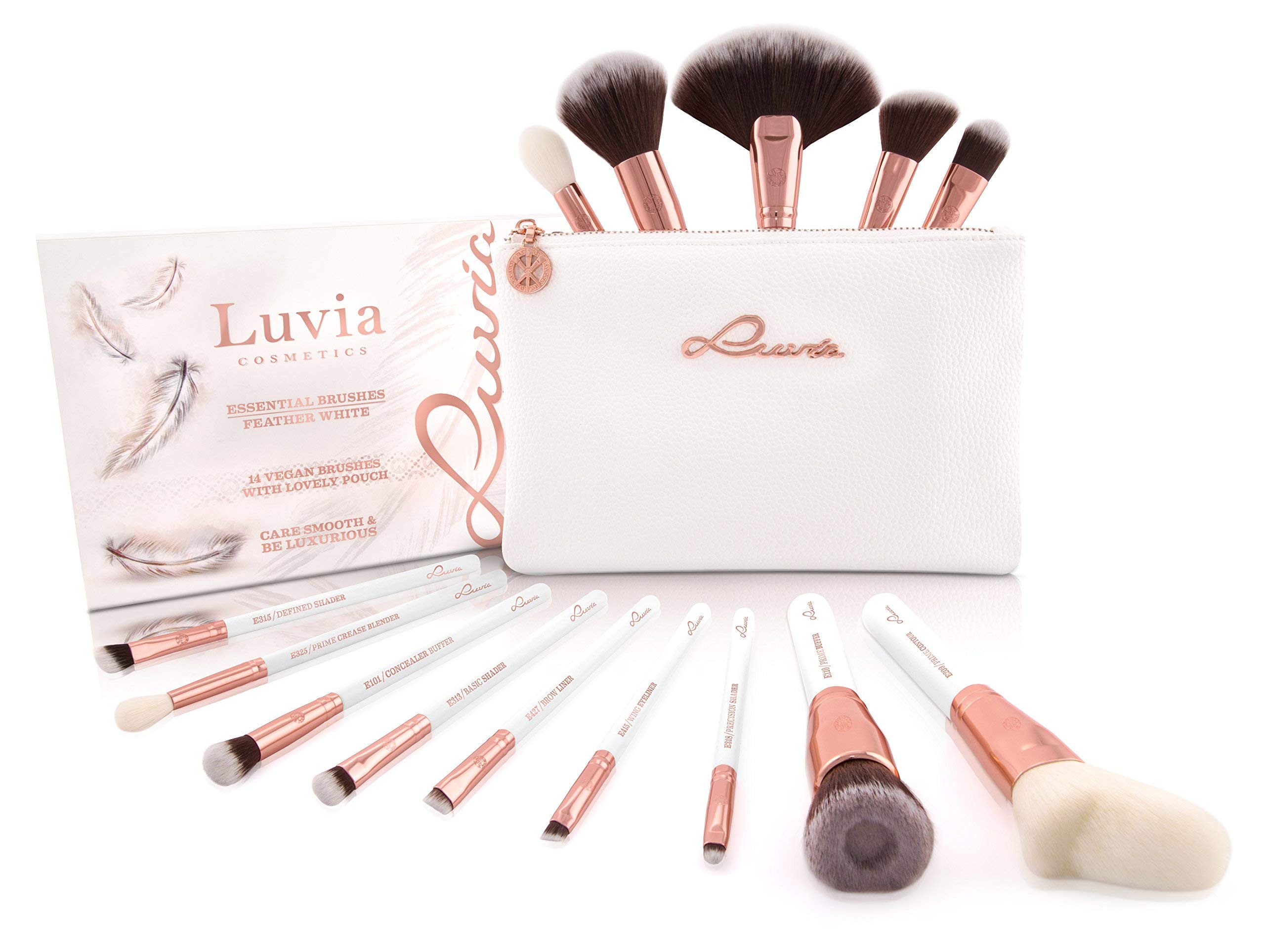 Luvia Makeup Pinsel Set Inkl. Kosmetiktasche Für Schminke - Feather White Make-Up Brush Set - 14 Kabuki Schminkpinsel/Kosmetikpinsel In Weiß/Rosegold - Vegane Kosmetik/Schminke