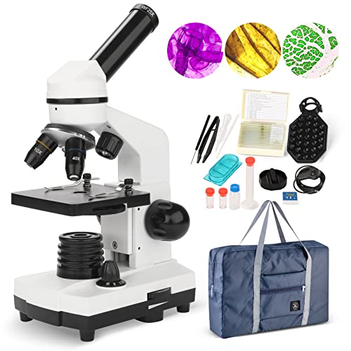 Mikroskop für Kinder, Studenten und Erwachsene, 100 x 1000 x duale kabellose LED-Beleuchtung, Monokular-Mikroskop mit optischen Glaslinsen und 15 Folien und Handy-Adapter